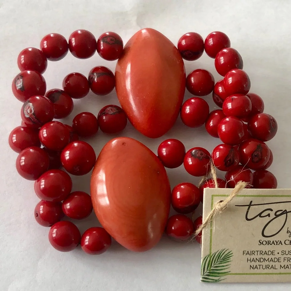 New‎ Red Coral Sustainable Tagua Nut Stretch Bracelet